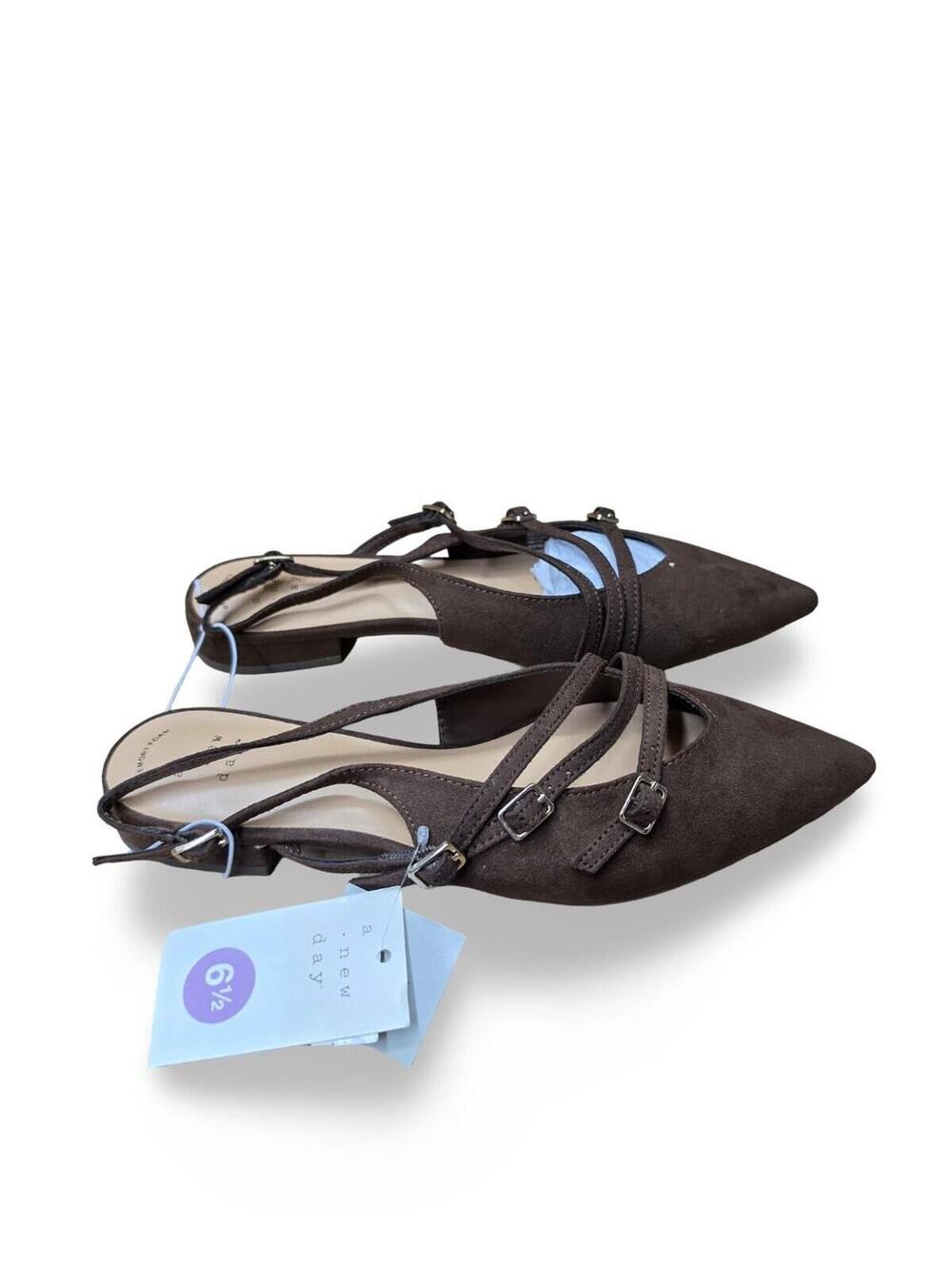 A New Day Brown Buckle Strap Slingback Flats Pointed Toe Faux Suede Women 8